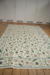 Ivory vintage Chainstitch rug end, intricate curvilinear floral pattern, blue border.