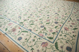 Curvilinear floral chainstitch carpet detail, ivory ground with dusty mauve and blue blossoms.