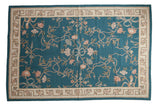 Turquoise vintage chainstitch carpet, curvilinear Arts and Crafts floral vines, ivory border. 5'10