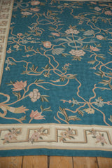 Curvilinear Arts and Crafts floral chainstitch on textured turquoise field and ivory border.