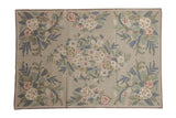 Vintage Chainstitch rug, central floral bouquet with curvilinear vines, silver, denim blue, dusty rose.