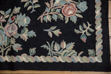 Vintage Chainstitch carpet corner with celadon, blush floral motifs, scrolling tendrils, braided border.