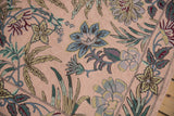 Detail of vintage India chainstitch rug; curvilinear floral pattern, pink, green, blue, spiraling texture.