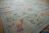 Curvilinear floral sprays and scrolling tendrils on a textured powder blue Chainstitch rug.