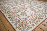 Chainstitch carpet corner, curvilinear floral vines, side cord, ivory, pale red, blue.