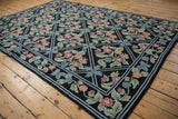 Vintage chainstitch carpet border featuring dusty blue lines and multicolor floral sprays.