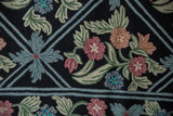Curvilinear chainstitch floral pattern featuring raspberry, celadon, and dusty blue on black.