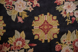Vintage Chainstitch carpet detail: geometric motif and floral vines in red, saffron, and green.