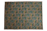 Vintage Chainstitch carpet, emerald green fields with colorful curvilinear blossoms, 8'9