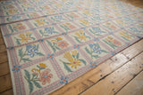 Curvilinear colorful floral motifs and pink lattice on a vintage chainstitch carpet.