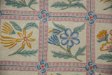 Vintage chainstitch carpet detail: blue and mauve flower, pink trellis border, textured ivory ground.