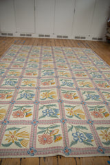Chainstitch rug's textured floral pattern featuring mauve, sky blue, saffron, and pale jade.