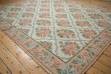 Detail of chainstitch weaving with pink floral designs and slate blue ribbon trellis.