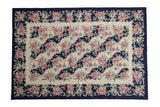 Vintage Chainstitch Carpet with ornate curvilinear floral design in cobalt blue, ivory, and blush, 5'6