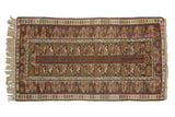 Vintage Melas rug with geometric finned plant and vine motifs in rust, olive, and ivory, 3'6