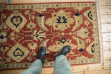 Overhead view showing the rich wool texture and large palmettes on a terracotta Sultanabad rug.