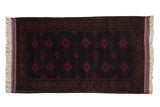 Dark brown vintage Pakistani Turkmen rug with cherry red serrated diamond medallions. 3'7