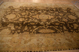 Soft, silk-like wool pile of an Indian Oushak carpet with chocolate and gold floral palmettes.