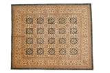 Traditional Peshawar carpet featuring dusty aqua floral panels, wheat roundels, and a detailed palmette border. 8' x 9'9