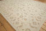 Rococo stylized floral arabesques and scrolling tendrils in ivory, beige, and pale coffee brown.