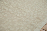 Contemporary Indian Soumac rug with subtle abrashed beige and ivory tone-on-tone leaf pattern.