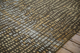 Intricate abstract pattern of chocolate brown, ivory, and gold asymmetric squares.