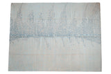Hand-knotted Indian abstract rug in ivory with powder blue asymmetric squares and central color transition, 9x12.