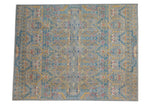 Pakistani Contemporary Carpet, geometric Persian pattern in silver-blue, saffron, and cochineal red, 7'11