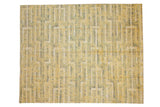 Contemporary Pakistani carpet featuring stepped geometric pattern in saffron, silver, ivory, 8x10.