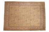 Vintage tea washed Indian Soumac carpet, dusty gold, floral vinery, arabesque borders.