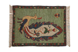 Pictorial vintage hand knotted Armenian peacock rug mat, jade green field, boteh border, 1'10