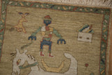 Vintage pictorial Armenian rug showing the trainer, house, and green vine-and-bud border.