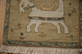 Textured pile of vintage pictorial Armenian rug, showing ivory horse, blossoms, and vine border.