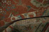 Even pile texture of the vintage Armenian Sultanabad carpet in terra cotta, sand, and blue.