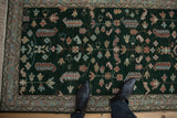 Vintage Armenian Hamadan rug, full pile emerald green field, vibrant plant motifs.