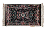 Vintage Pakistani Savonnerie rug, black field, cameo oval medallion, ivory, red, turquoise florals, 2'7