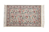 Vintage Pakistani Arts and Crafts rug, dense cherry red, sea foam green, slate blue floral on ivory.