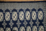 Vintage Bokhara rug detail: cobalt blue geometric gul, ivory, and platinum floral patterns.
