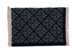 Vintage Indian sampler rug with a tone-on-tone Damask leaf design in shades of cobalt blue.