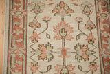 Vintage hand knotted rug detail: ivory field, terracotta and green floral palmettes, ornate border.