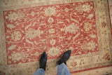 Hand-knotted Peshawar rug displays cherry red field, ivory palmettes, and connecting vines.