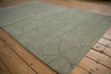 Interconnected patio-like pattern on dusty celadon green Indian abstract carpet.