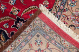 Hand knotted beige foundation, cream fringe, brown selvage, and cherry red floral Isfahan design.