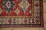 Pakistani Caucasian design rug border with cherry red, sapphire blue, and intricate geometric patterns.