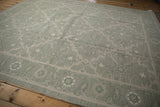 Pale sage green field with beige scrolling vines and Herati inspired border.