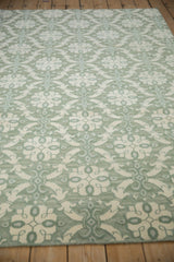 Intricate contemporary Soumac weave pattern featuring pale jade green and ivory roundel medallions.