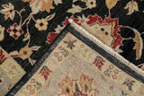 Detail of hand-knotted Sultanabad rug showing the back weave, charcoal pile, and secured side cord.