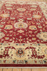 Low perspective on the Sultanabad design carpet's plush red field and elaborate ivory border.