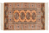 Geometric guls and germinating plants on a vintage Indian Bokhara rug with a gold field.