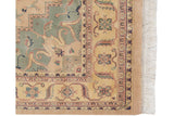 Stepped contour, serrated floral field, meandering leaf vine border, and original fringe.